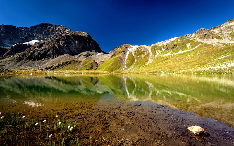 Mountain Lake Reflection — Blue, Serene, Afternoon, Photograph, Mountains, Flowers