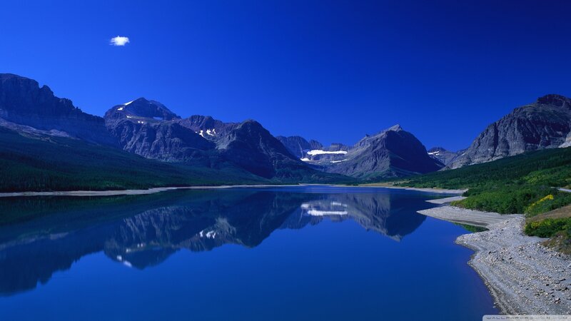 Mountain Lake Reflection — Blue, Serene, Afternoon, Photograph, Mountains, Forest, Cloud