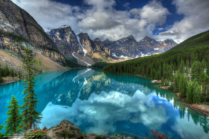 Mountain Lake Reflection — Blue, Serene, Afternoon, Photograph, Mountains, Forest, Clouds, Boat