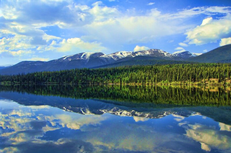 Mountain Lake Reflection — Blue, Serene, Afternoon, Photograph, Mountains, Forest, Clouds, Green, White