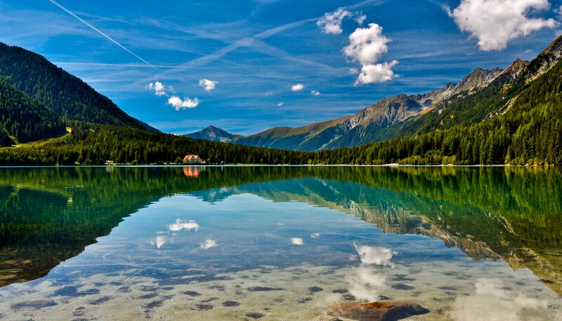 Mountain Lake Reflection — Blue, Serene, Afternoon, Photograph, Mountains, Forest, Clouds, House