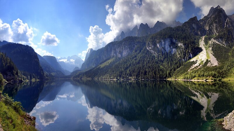 Mountain Lake Reflection — Blue, Serene, Afternoon, Photograph, Mountains, Forest, Clouds, River