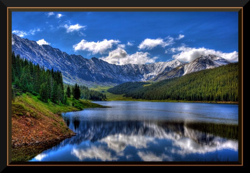 Mountain Lake Reflection — Blue, Serene, Afternoon, Photograph, Mountains, Forest, Clouds