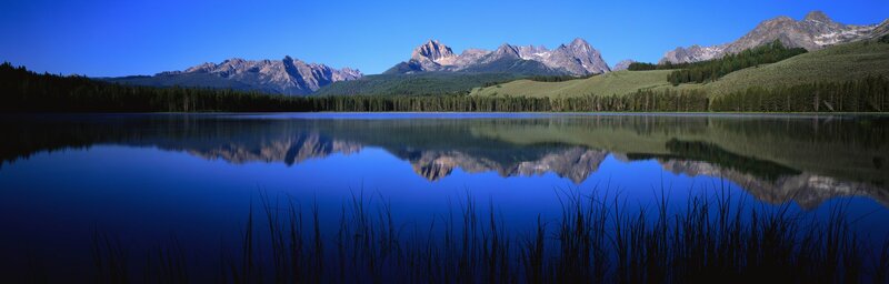 Mountain Lake Reflection — Blue, Serene, Afternoon, Photograph, Mountains, Forest, Grassland