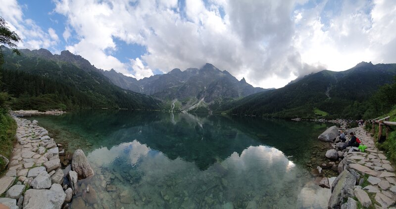 Mountain Lake Reflection — Blue, Serene, Afternoon, Photograph, Mountains, Forest, Path