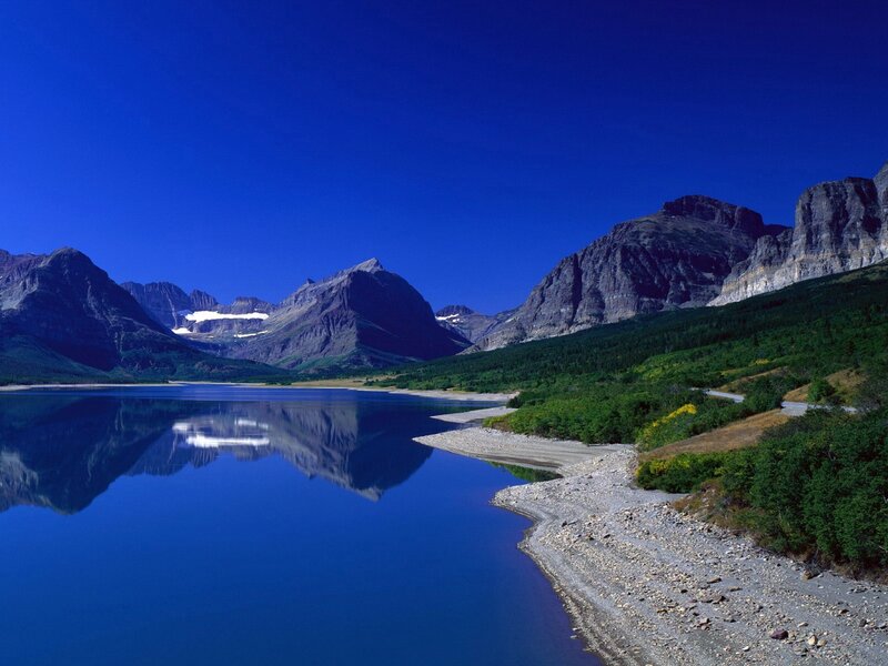 Mountain Lake Reflection — Blue, Serene, Afternoon, Photograph, Mountains, Forest, Road