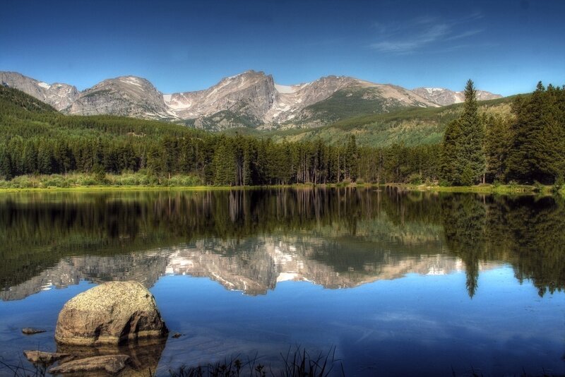 Mountain Lake Reflection — Blue, Serene, Afternoon, Photograph, Mountains, Forest, Rock