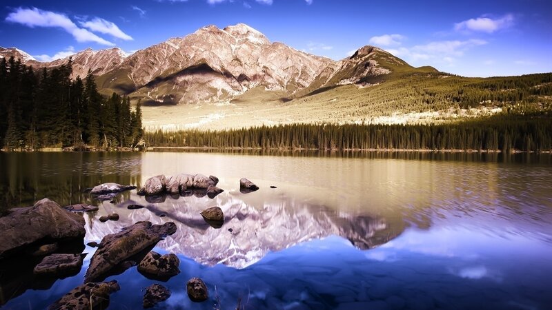 Mountain Lake Reflection — Blue, Serene, Afternoon, Photograph, Mountains, Forest, Rocks, Green
