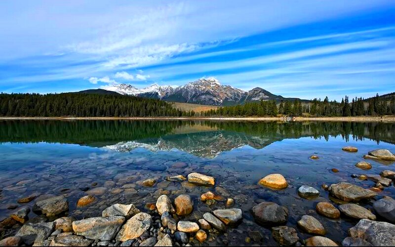Mountain Lake Reflection — Blue, Serene, Afternoon, Photograph, Mountains, Forest, Rocks, Sky