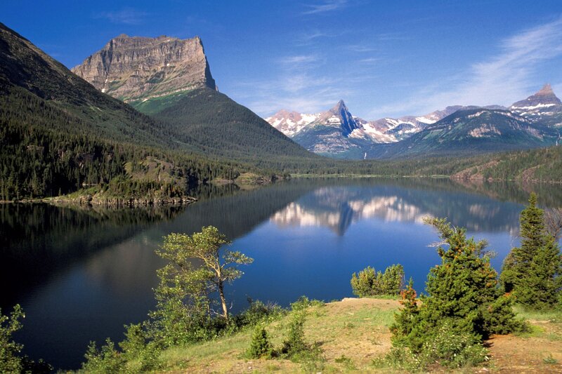 Mountain Lake Reflection — Blue, Serene, Afternoon, Photograph, Mountains, Forest, Sky, Green, Brown