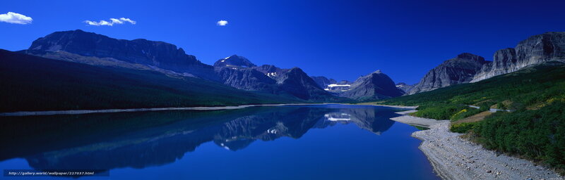 Mountain Lake Reflection — Blue, Serene, Afternoon, Photograph, Mountains, Forest, Sky, Road