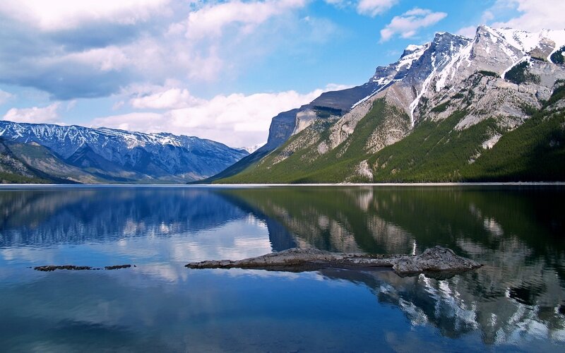 Mountain Lake Reflection — Blue, Serene, Afternoon, Photograph, Mountains, Forest, Sky, Rock