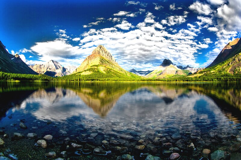 Mountain Lake Reflection — Blue, Serene, Afternoon, Photograph, Mountains, Forest, Sky, Rocks