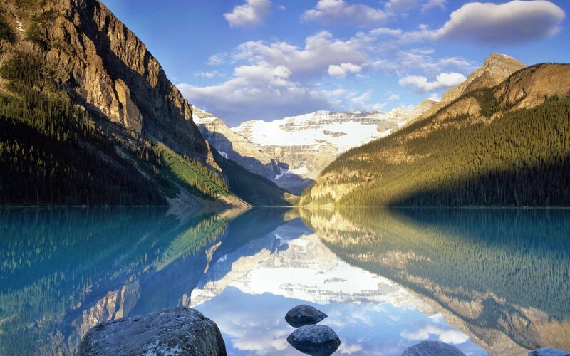 Mountain Lake Reflection — Blue, Serene, Afternoon, Photograph, Mountains, Forest, Snow, Rocks
