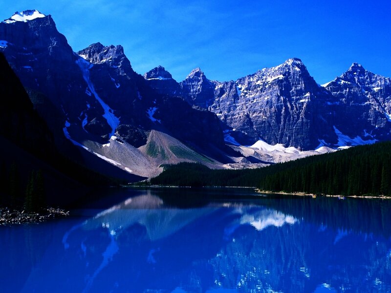 Mountain Lake Reflection — Blue, Serene, Afternoon, Photograph, Mountains, Forest, Snow