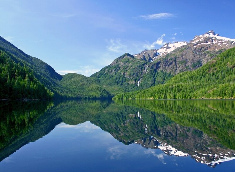 Mountain Lake Reflection — Blue, Serene, Afternoon, Photograph, Mountains, Forest, Snow, Waterfall