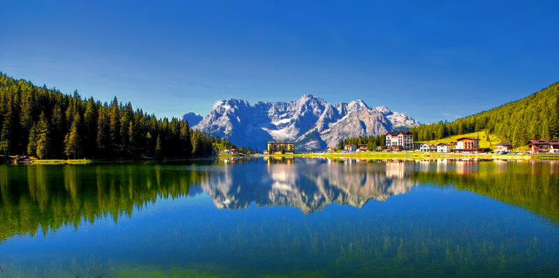 Mountain Lake Reflection — Blue, Serene, Afternoon, Photograph, Mountains, Forest, Village