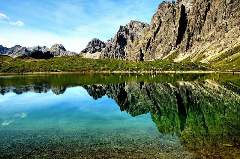 Mountain Lake Reflection — Blue, Serene, Afternoon, Photograph, Mountains, Grass, Green, Gray