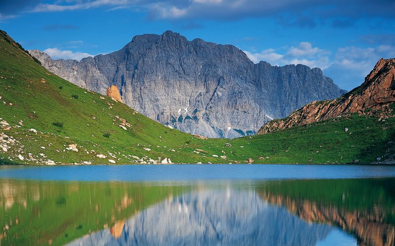 Mountain Lake Reflection — Blue, Serene, Afternoon, Photograph, Mountains, Grass, Green