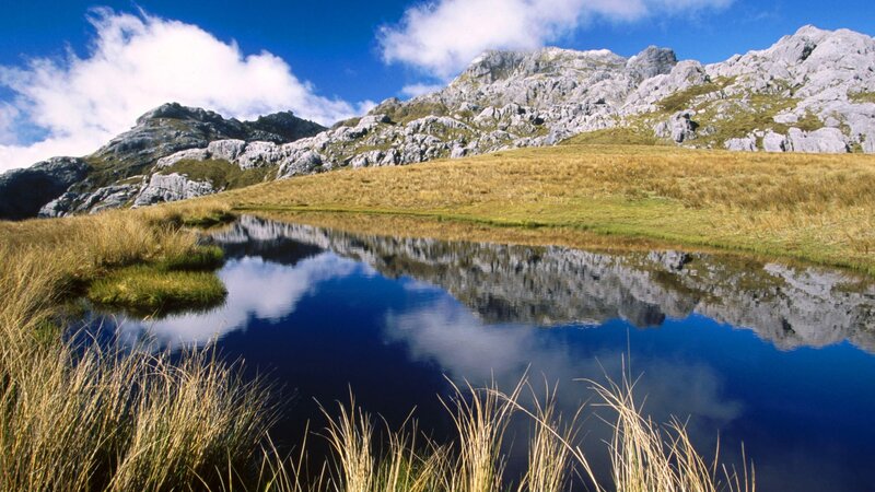 Mountain Lake Reflection — Blue, Serene, Afternoon, Photograph, Mountains, Grass, Sky, Clouds, Green