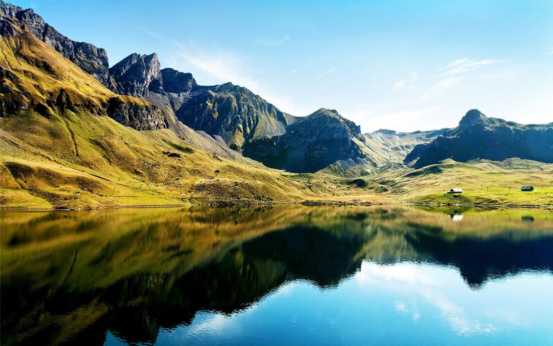 Mountain Lake Reflection — Blue, Serene, Afternoon, Photograph, Mountains, Hut