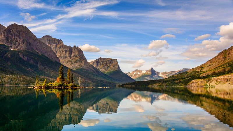 Mountain Lake Reflection — Blue, Serene, Afternoon, Photograph, Mountains, Island