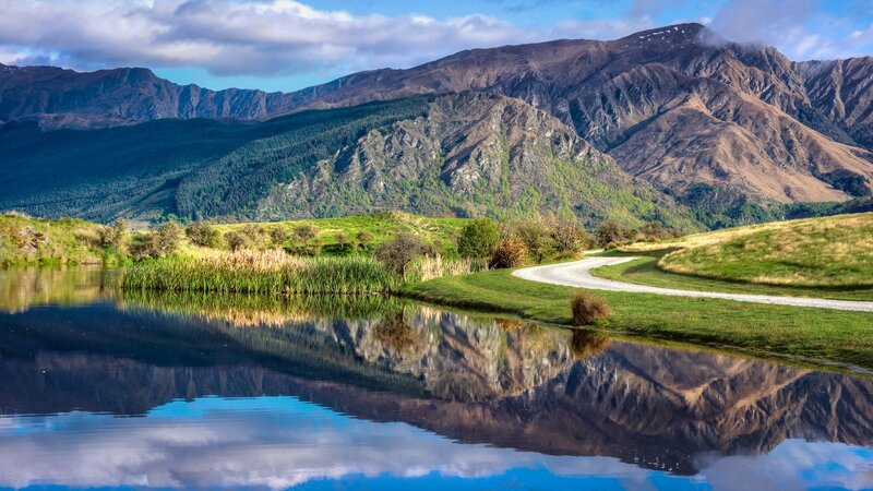 Mountain Lake Reflection — Blue, Serene, Afternoon, Photograph, Mountains, Path