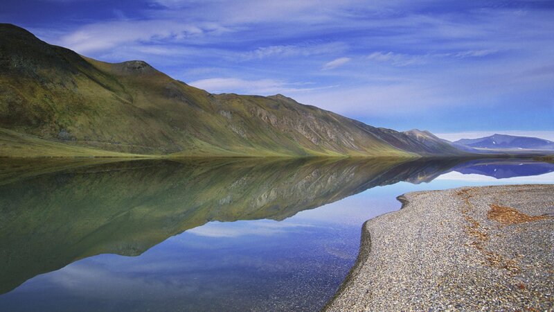 Mountain Lake Reflection — Blue, Serene, Afternoon, Photograph, Mountains, Pebble Shore