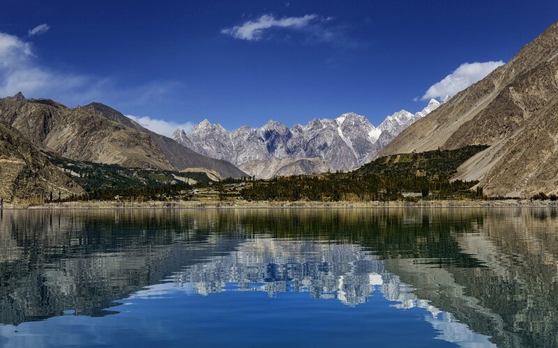 Mountain Lake Reflection — Blue, Serene, Afternoon, Photograph, Mountains, Sky, Brown
