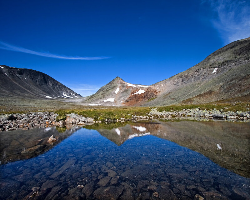 Mountain Lake Reflection — Blue, Serene, Afternoon, Photograph, Mountains, Sky, Green, Brown