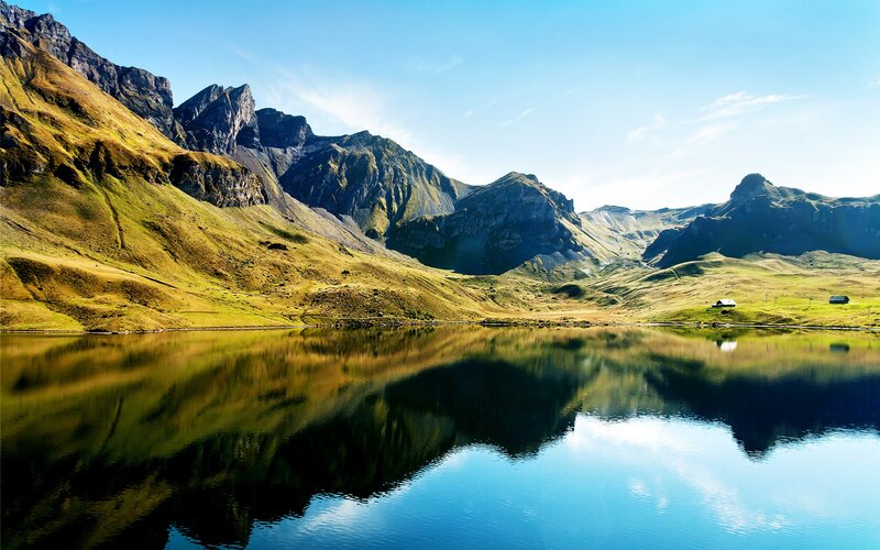 Mountain Lake Reflection — Blue, Serene, Afternoon, Photograph, Mountains, Sky, Hut