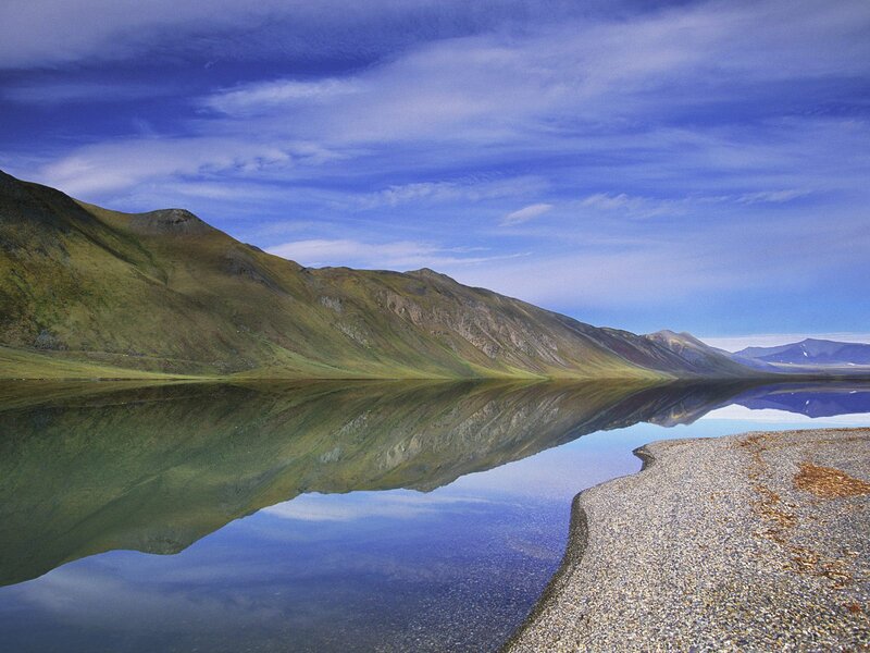 Mountain Lake Reflection — Blue, Serene, Afternoon, Photograph, Mountains, Sky, Pebble Shore