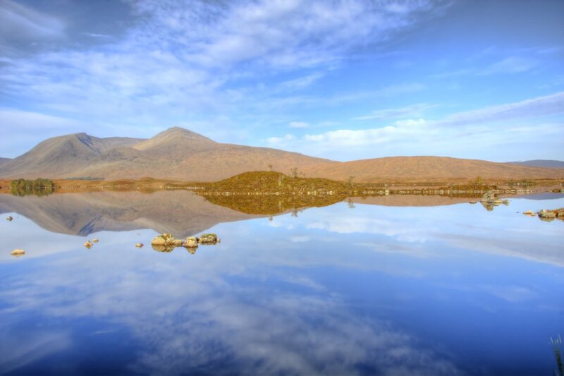 Mountain Lake Reflection — Blue, Serene, Afternoon, Photograph, Mountains, Sky, Rocks