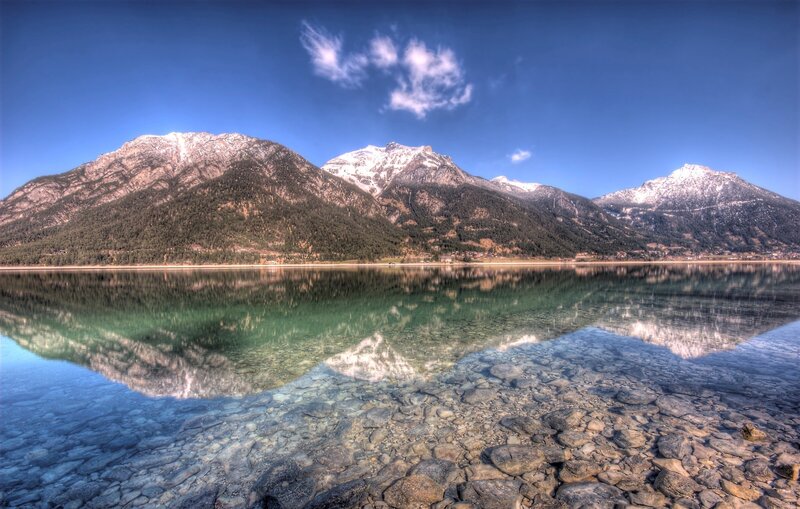 Mountain Lake Reflection — Blue, Serene, Afternoon, Photograph, Mountains, Snow, Clouds, Green