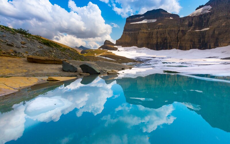 Mountain Lake Reflection — Blue, Serene, Afternoon, Photograph, Mountains, Snow, Clouds, Rocks