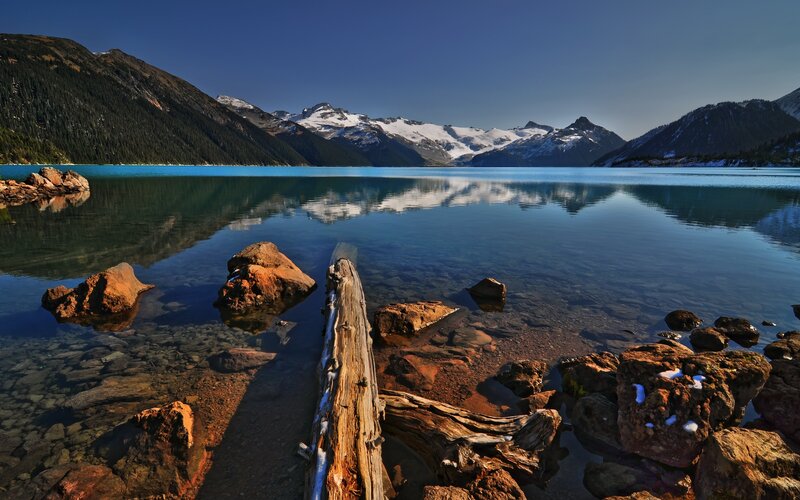 Mountain Lake Reflection — Blue, Serene, Afternoon, Photograph, Mountains, Snow, Rocks