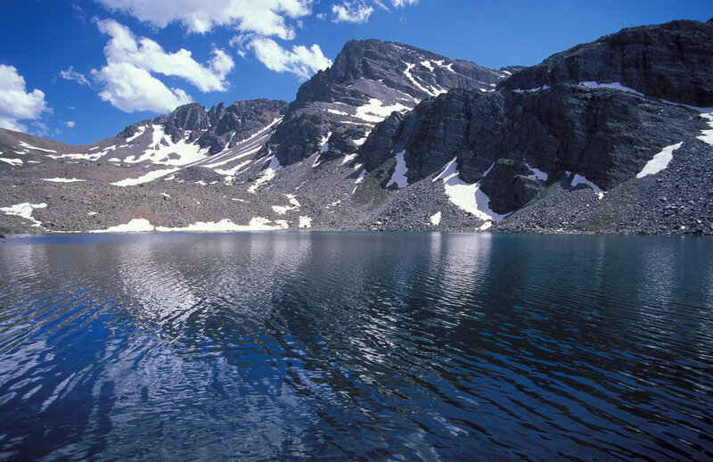 Mountain Lake Reflection — Blue, Serene, Afternoon, Photograph, Mountains, Snow, Sky