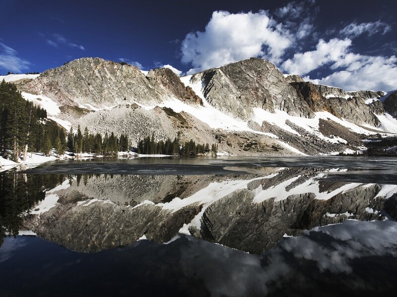Mountain Lake Reflection — Blue, Serene, Afternoon, Photograph, Mountains, Snow, Trees, Clouds
