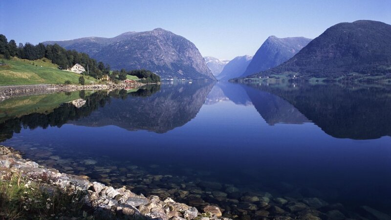 Mountain Lake Reflection — Blue, Serene, Afternoon, Photograph, Mountains