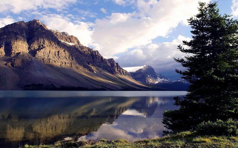 Mountain Lake Reflection — Blue, Serene, Afternoon, Photograph, Mountains, Tree, Clouds