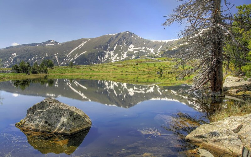 Mountain Lake Reflection — Blue, Serene, Afternoon, Photograph, Mountains, Tree