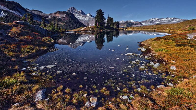 Mountain Lake Reflection — Blue, Serene, Afternoon, Photograph, Mountains, Trees, Building, Green