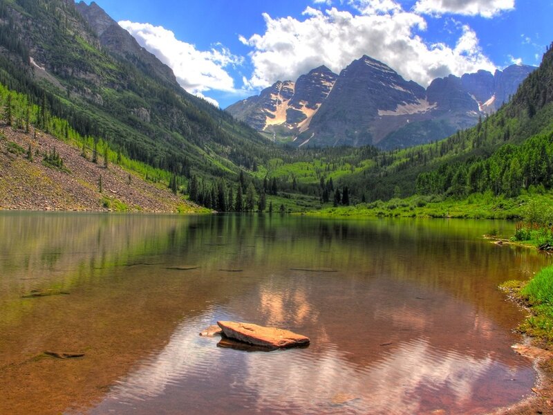 Mountain Lake Reflection — Blue, Serene, Afternoon, Photograph, Mountains, Trees, Clouds