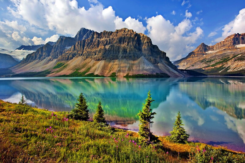 Mountain Lake Reflection — Blue, Serene, Afternoon, Photograph, Mountains, Trees, Flowers