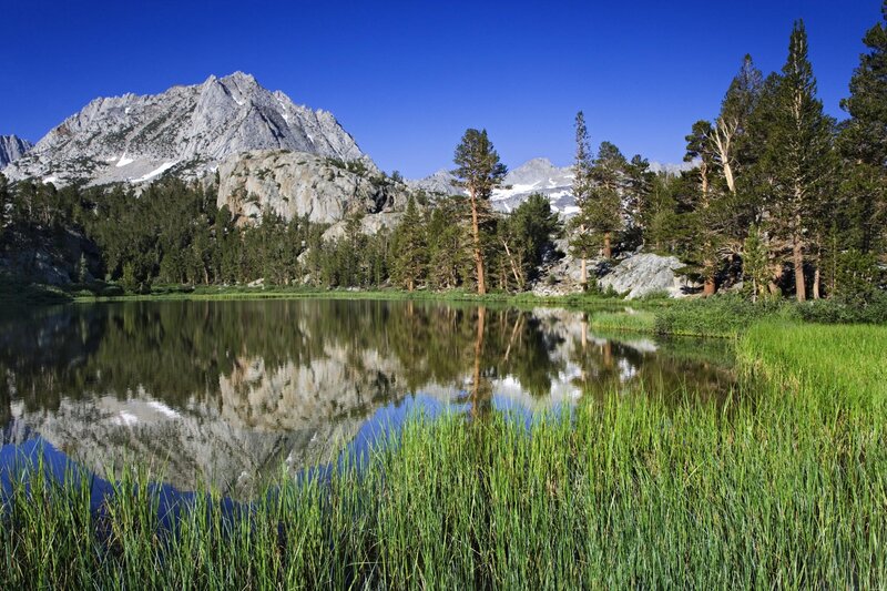 Mountain Lake Reflection — Blue, Serene, Afternoon, Photograph, Mountains, Trees, Grass, Green, Gray