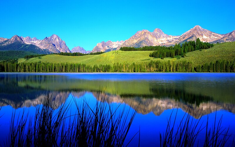 Mountain Lake Reflection — Blue, Serene, Afternoon, Photograph, Mountains, Trees, Grass, Reeds