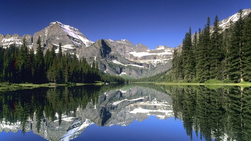 Mountain Lake Reflection — Blue, Serene, Afternoon, Photograph, Mountains, Trees, Green, Gray