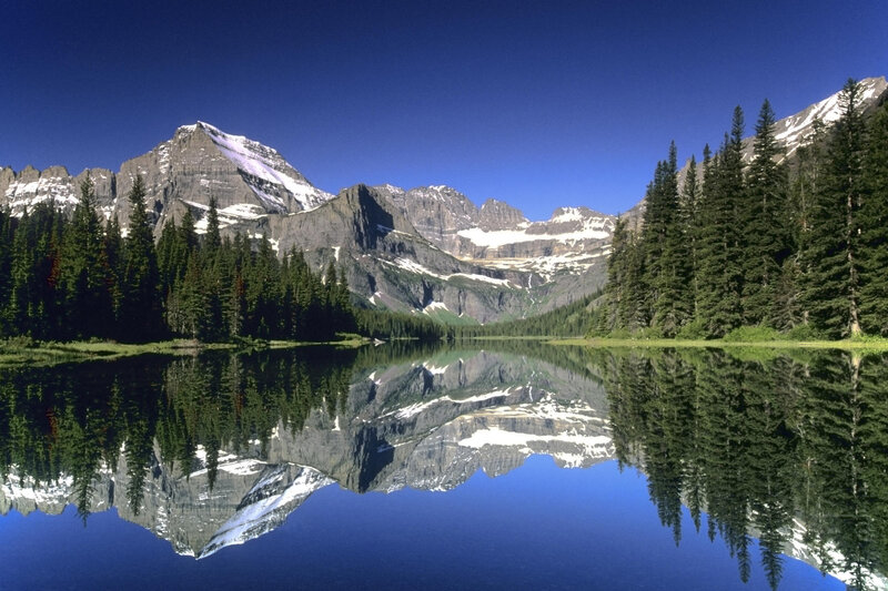 Mountain Lake Reflection — Blue, Serene, Afternoon, Photograph, Mountains, Trees, Green