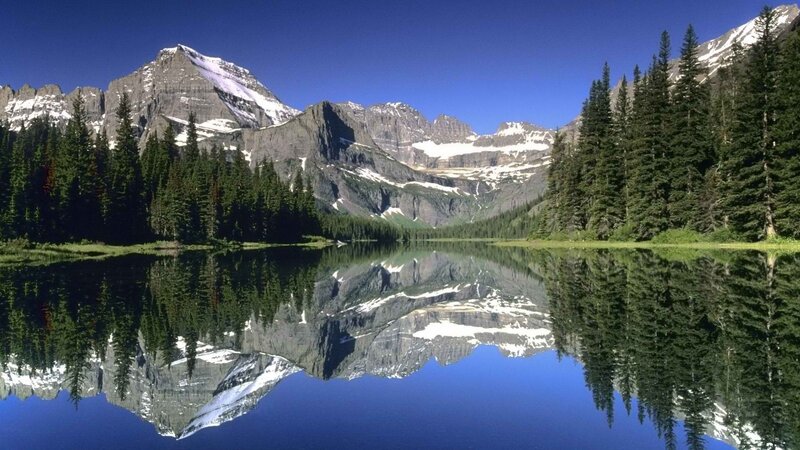 Mountain Lake Reflection — Blue, Serene, Afternoon, Photograph, Mountains, Trees, Green, White