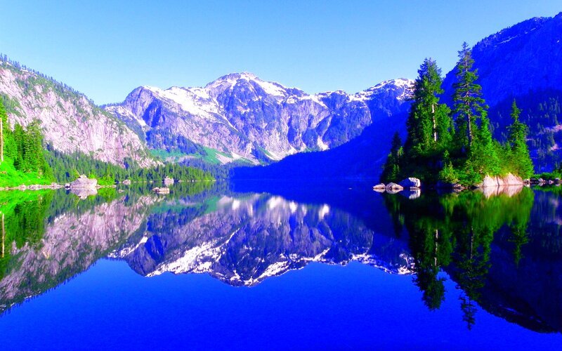Mountain Lake Reflection — Blue, Serene, Afternoon, Photograph, Mountains, Trees, Island